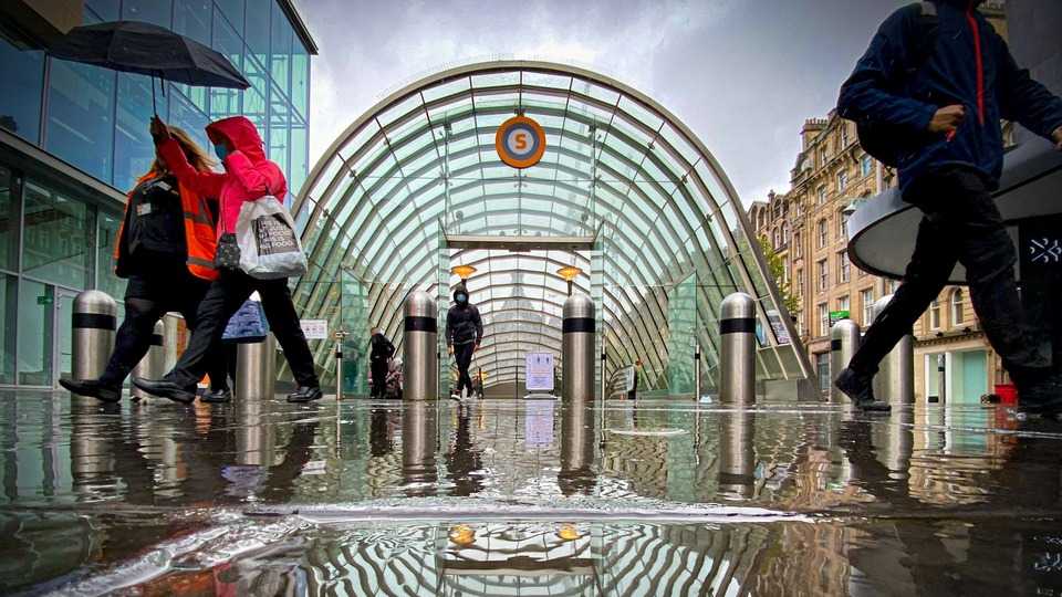 Outside photo of St Enoch subway station in Glasgow, Scotland.